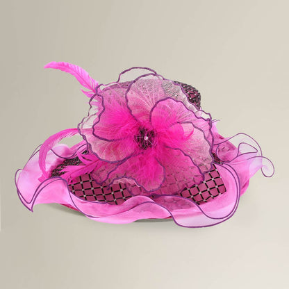 Elegant Feather Floral Accent Fascinator Headband Hair Clip Dressy Hat Fuchsia