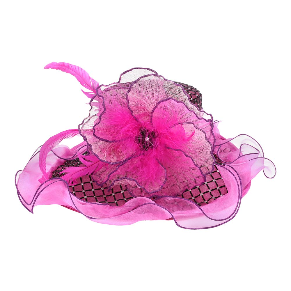 Elegant Feather Floral Accent Fascinator Headband Hair Clip Dressy Hat Fuchsia