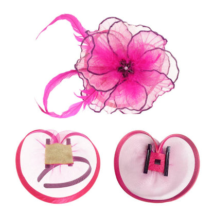 Elegant Feather Floral Accent Fascinator Headband Hair Clip Dressy Hat Fuchsia