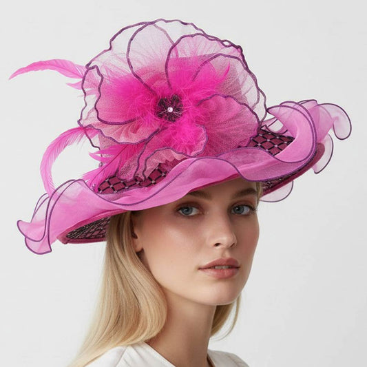 Elegant Feather Floral Accent Fascinator Headband Hair Clip Dressy Hat Fuchsia