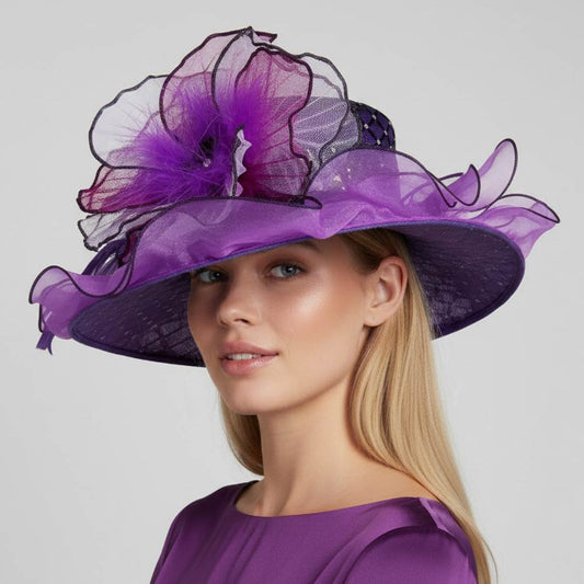 Elegant Feather Floral Accent Fascinator Headband Hair Clip Dressy Hat Lavender
