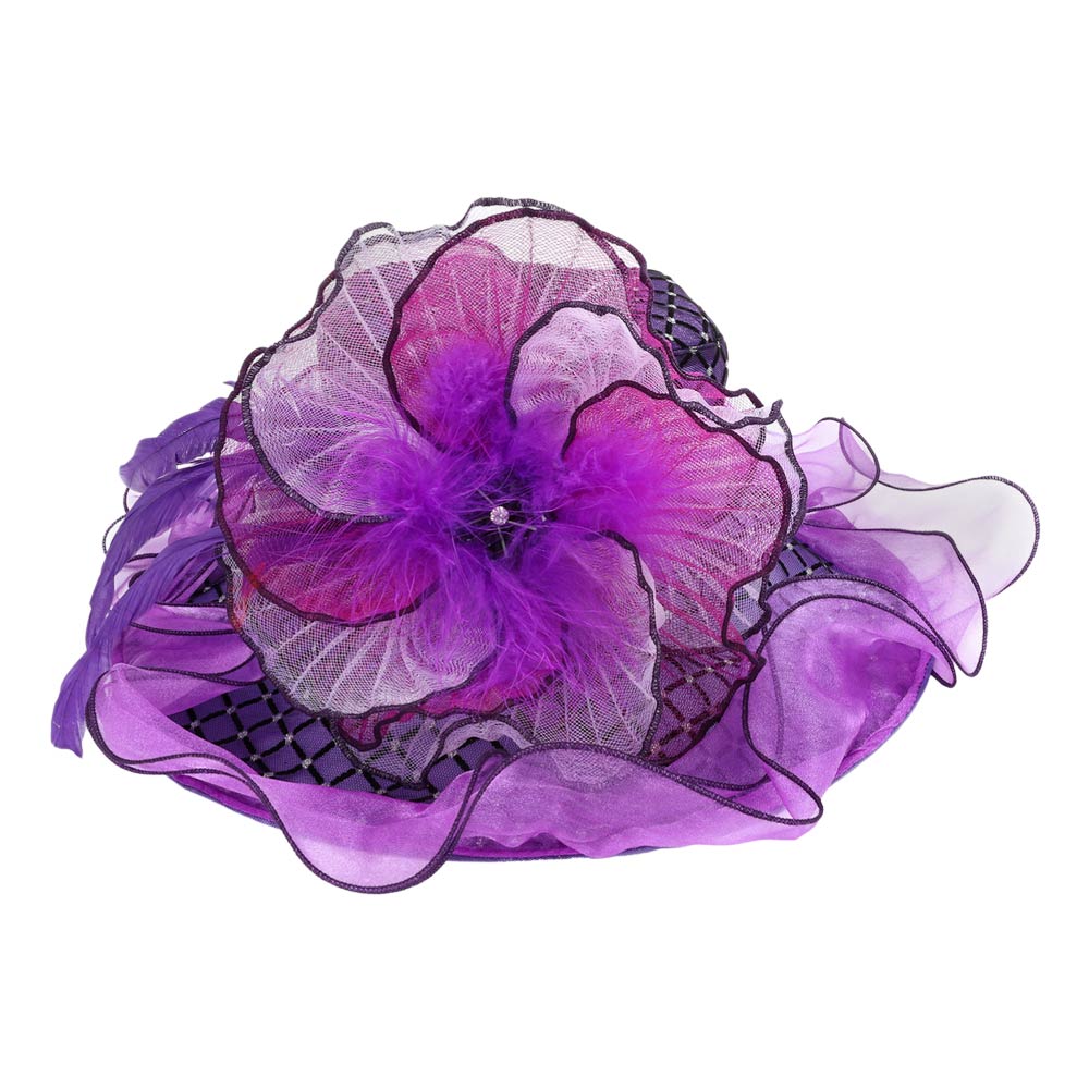 Elegant Feather Floral Accent Fascinator Headband Hair Clip Dressy Hat Lavender