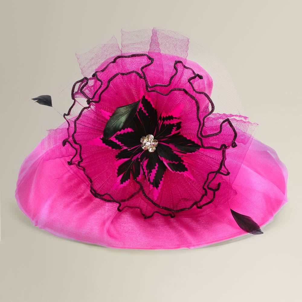 Bold Floral Accent Fascinator Headband Hair Clip Statement Dressy Hat Fuchsia