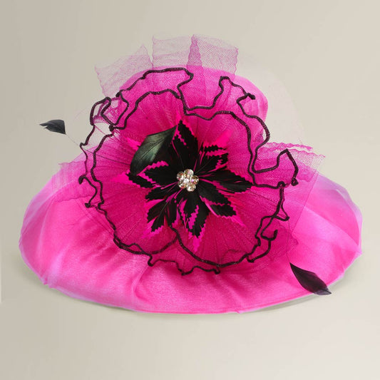 Bold Floral Accent Fascinator Headband Hair Clip Statement Dressy Hat Fuchsia