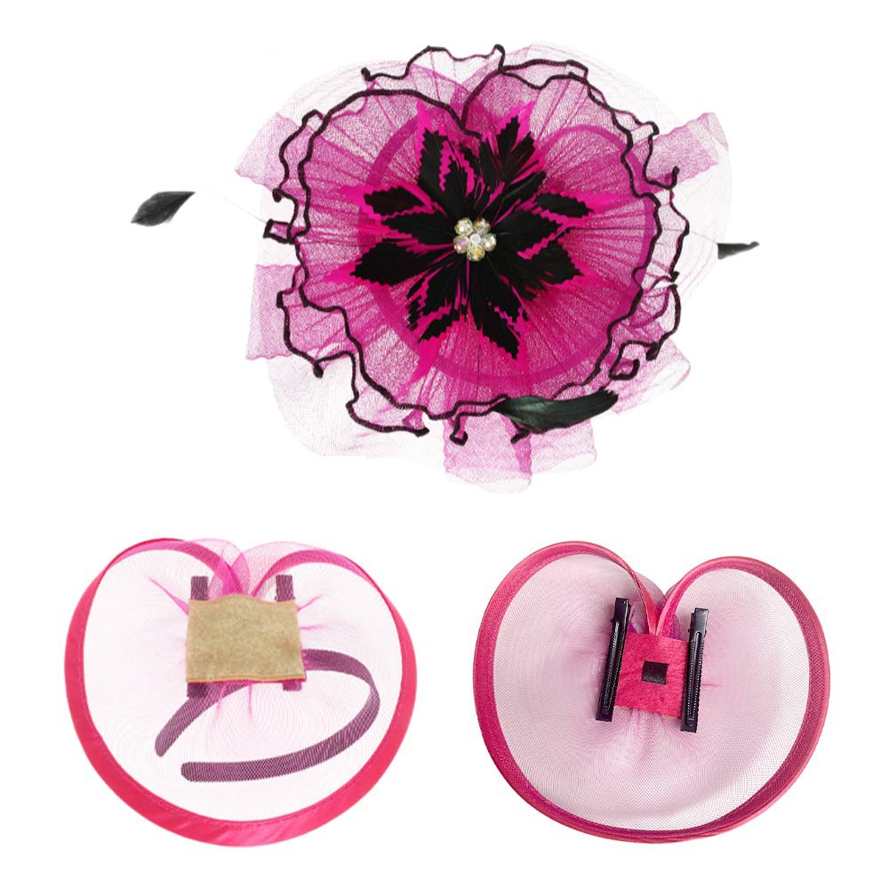 Bold Floral Accent Fascinator Headband Hair Clip Statement Dressy Hat Fuchsia