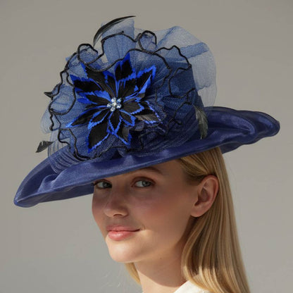 Bold Floral Accent Fascinator Headband Hair Clip Statement Dressy Hat Navy