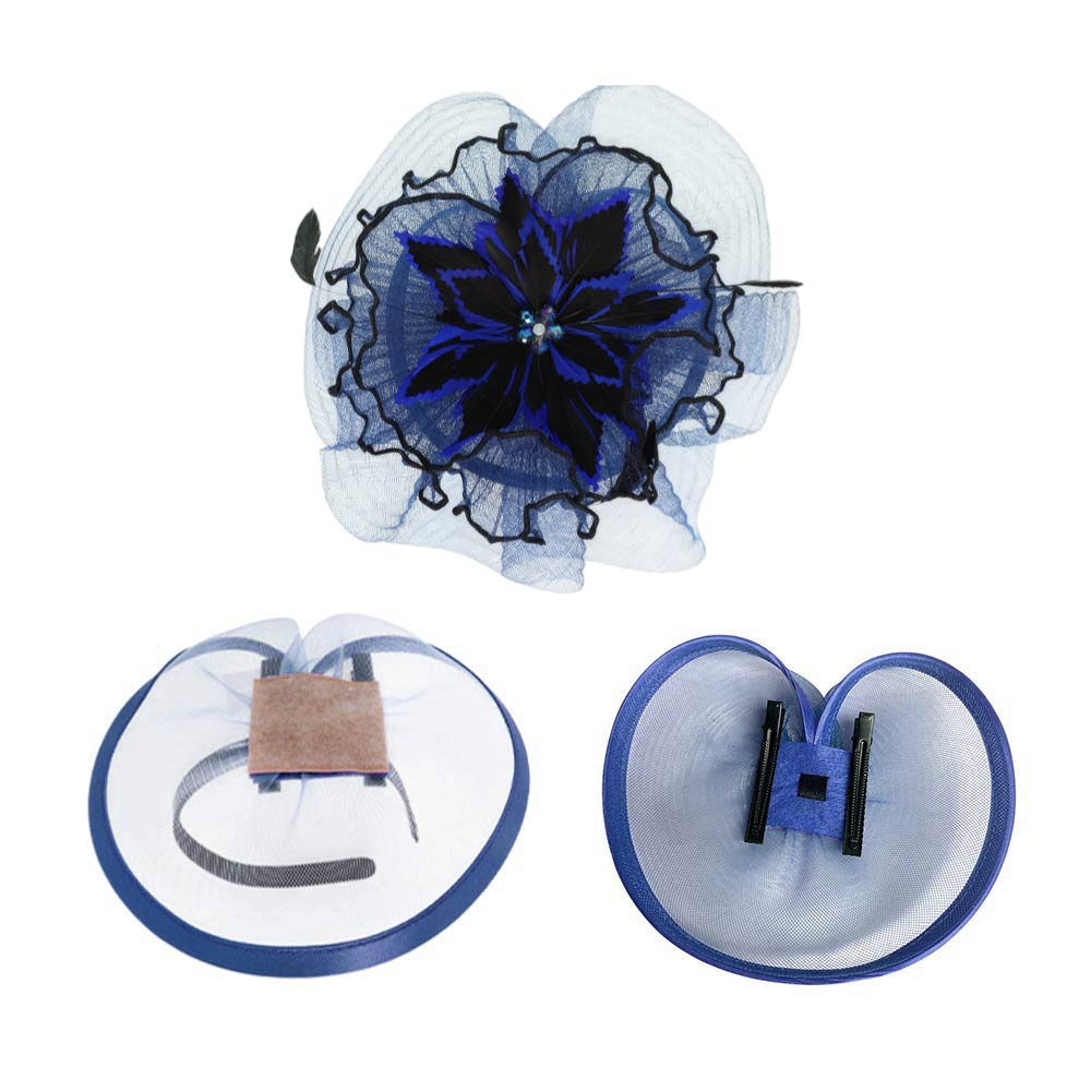 Bold Floral Accent Fascinator Headband Hair Clip Statement Dressy Hat Navy