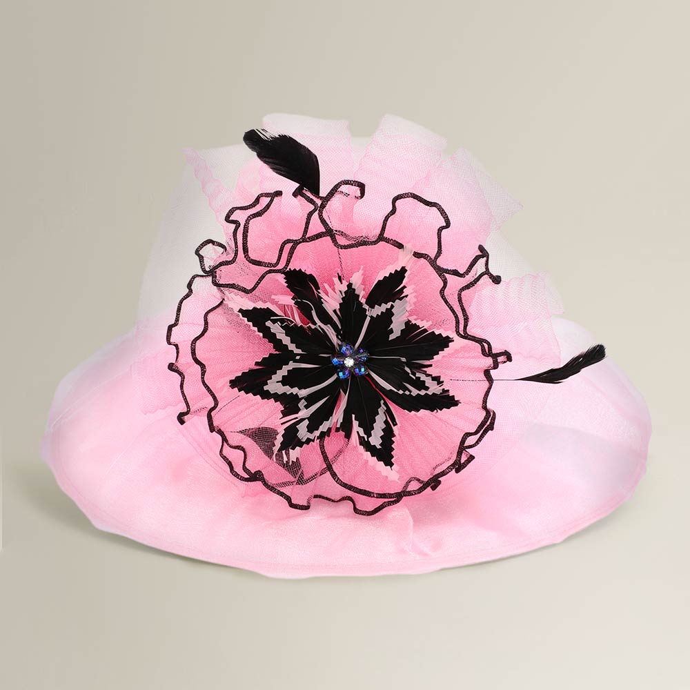 Bold Floral Accent Fascinator Headband Hair Clip Statement Dressy Hat Pink