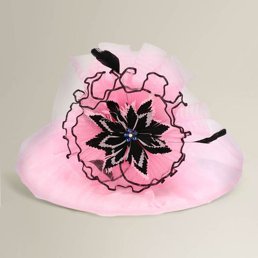 Bold Floral Accent Fascinator Headband Hair Clip Statement Dressy Hat Pink