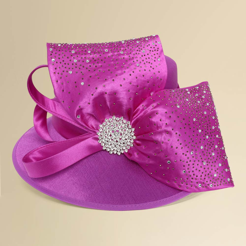 Elegant Rhinestone Embellished Bold Bow Accent Statement Dressy Hat Fuchsia