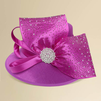 Elegant Rhinestone Embellished Bold Bow Accent Statement Dressy Hat Fuchsia