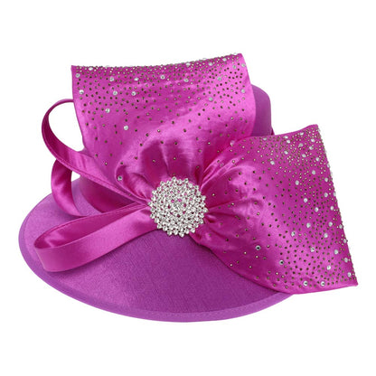 Elegant Rhinestone Embellished Bold Bow Accent Statement Dressy Hat Fuchsia