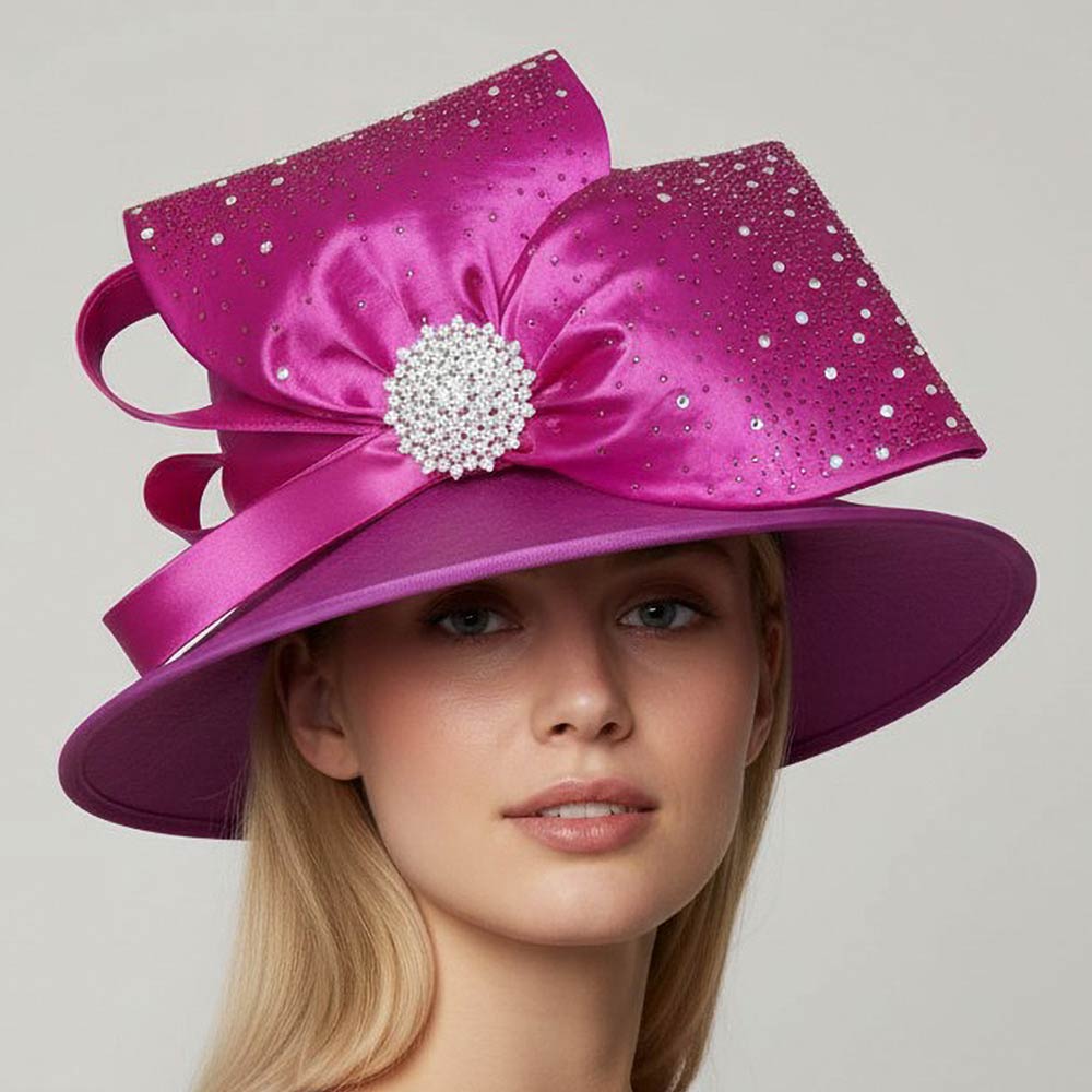 Elegant Rhinestone Embellished Bold Bow Accent Statement Dressy Hat Fuchsia