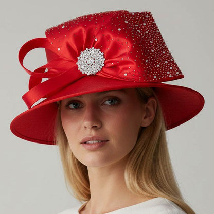 Elegant Rhinestone Embellished Bold Bow Accent Statement Dressy Hat Red