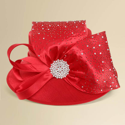 Elegant Rhinestone Embellished Bold Bow Accent Statement Dressy Hat Red