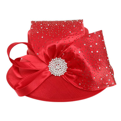 Elegant Rhinestone Embellished Bold Bow Accent Statement Dressy Hat Red