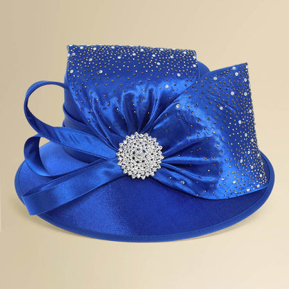 Elegant Rhinestone Embellished Bold Bow Accent Statement Dressy Hat Royal Blue
