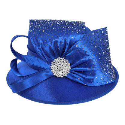 Elegant Rhinestone Embellished Bold Bow Accent Statement Dressy Hat Royal Blue