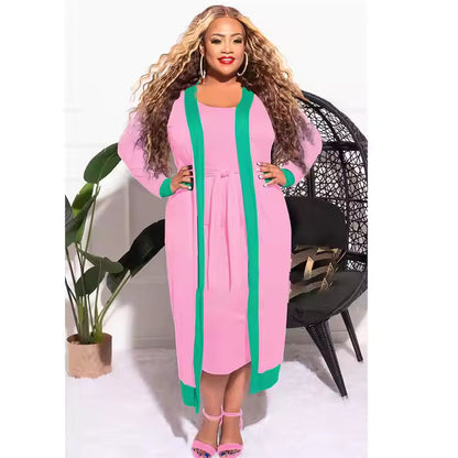 Trending Fashion Solid Color Stripes Stitching Sexy Tube Top Women's Dress Coat Set