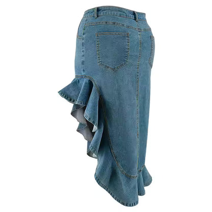 High Quality New Plus Size Women's Clothing Asymmetric Ruffles Denim Long Skirts