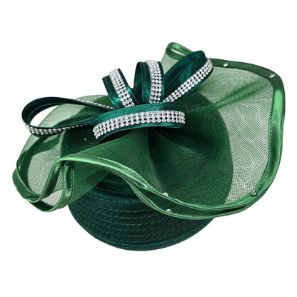 Rhinestone Studded Mesh Bow Accent Fascinator Dressy Hat Green
