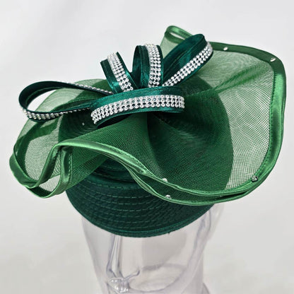 Rhinestone Studded Mesh Bow Accent Fascinator Dressy Hat Green