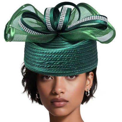 Rhinestone Studded Mesh Bow Accent Fascinator Dressy Hat Green