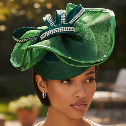 Rhinestone Studded Mesh Bow Accent Fascinator Dressy Hat Green