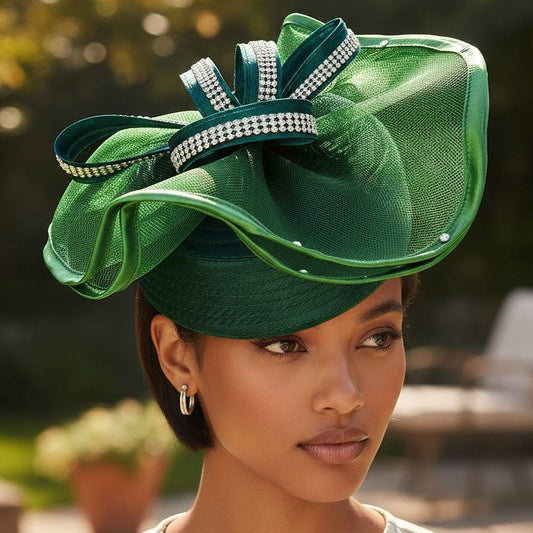 Rhinestone Studded Mesh Bow Accent Fascinator Dressy Hat Green