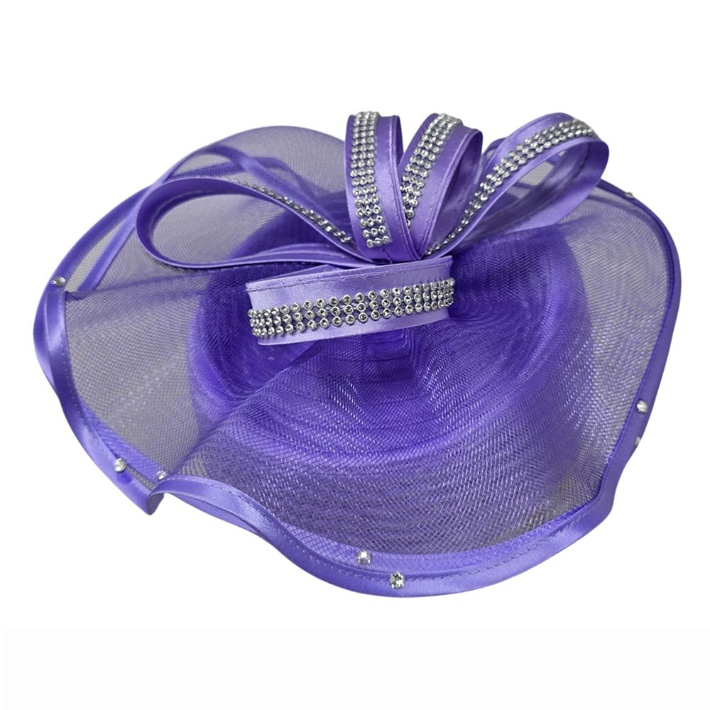 Rhinestone Studded Mesh Bow Accent Fascinator Dressy Hat Lavender