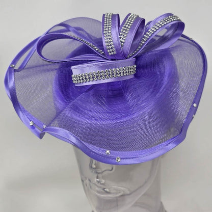 Rhinestone Studded Mesh Bow Accent Fascinator Dressy Hat Lavender