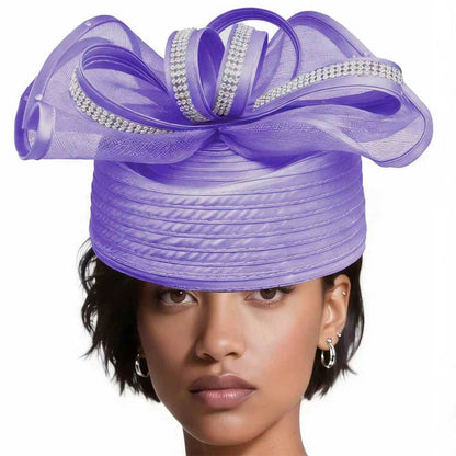 Rhinestone Studded Mesh Bow Accent Fascinator Dressy Hat Lavender