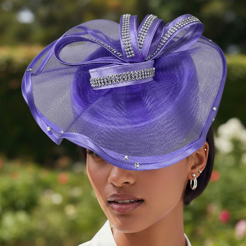 Rhinestone Studded Mesh Bow Accent Fascinator Dressy Hat Lavender