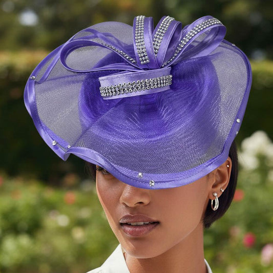 Rhinestone Studded Mesh Bow Accent Fascinator Dressy Hat Lavender