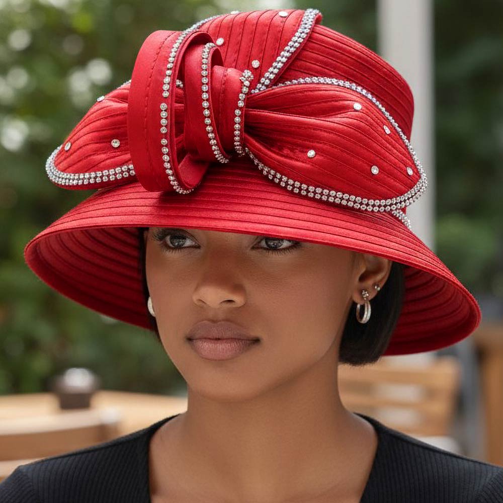 Rhinestone Embellished Floral Bow Accent Wide Brim Statement Dressy Hat Red
