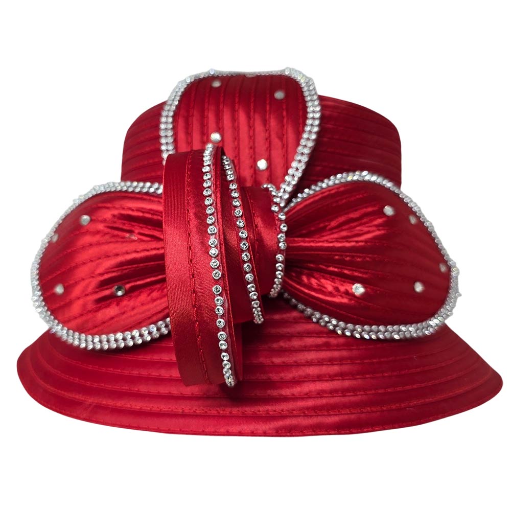 Rhinestone Embellished Floral Bow Accent Wide Brim Statement Dressy Hat Red
