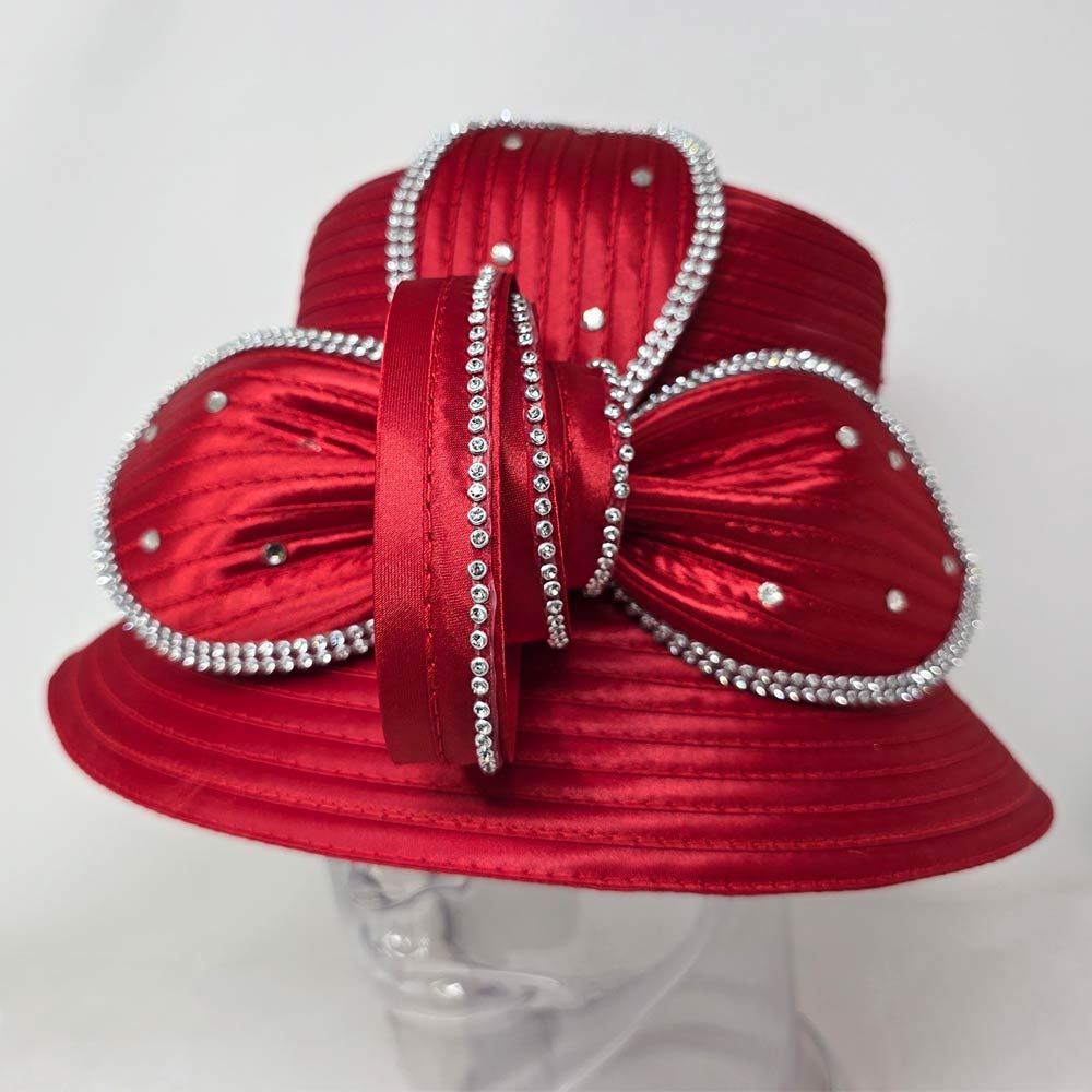 Rhinestone Embellished Floral Bow Accent Wide Brim Statement Dressy Hat Red