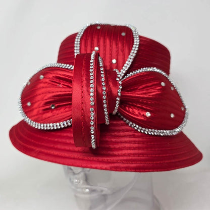 Rhinestone Embellished Floral Bow Accent Wide Brim Statement Dressy Hat Red