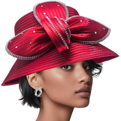 Rhinestone Embellished Floral Bow Accent Wide Brim Statement Dressy Hat Red