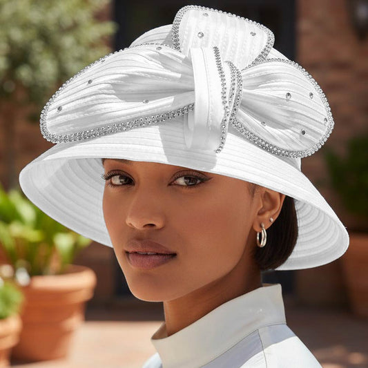 Rhinestone Embellished Floral Bow Accent Wide Brim Statement Dressy Hat White