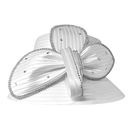 Rhinestone Embellished Floral Bow Accent Wide Brim Statement Dressy Hat White