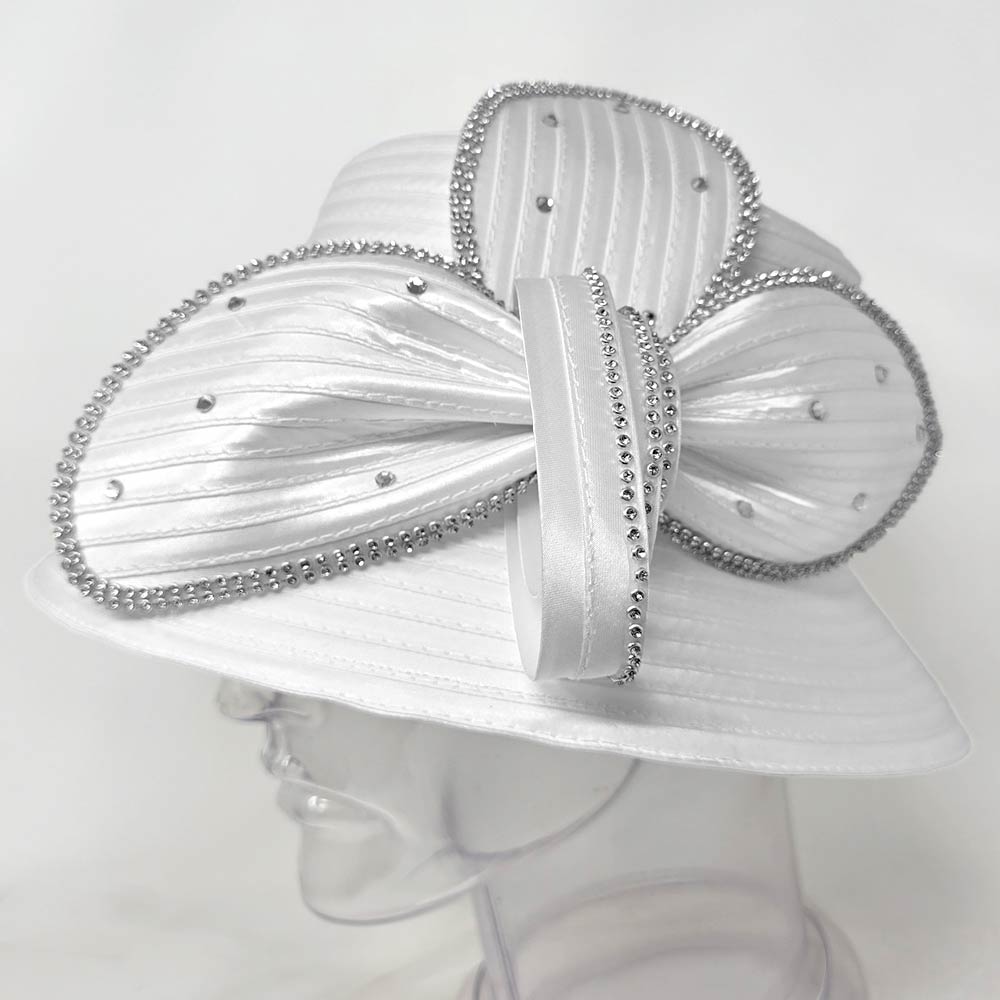 Rhinestone Embellished Floral Bow Accent Wide Brim Statement Dressy Hat White