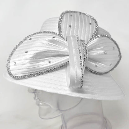 Rhinestone Embellished Floral Bow Accent Wide Brim Statement Dressy Hat White