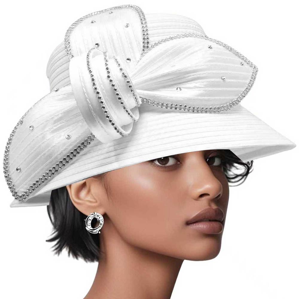 Rhinestone Embellished Floral Bow Accent Wide Brim Statement Dressy Hat White