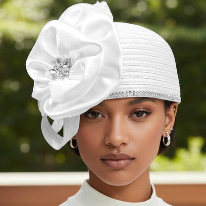 Rhinestone Embellished Elegant Floral Accent Fascinator Dressy Hat White