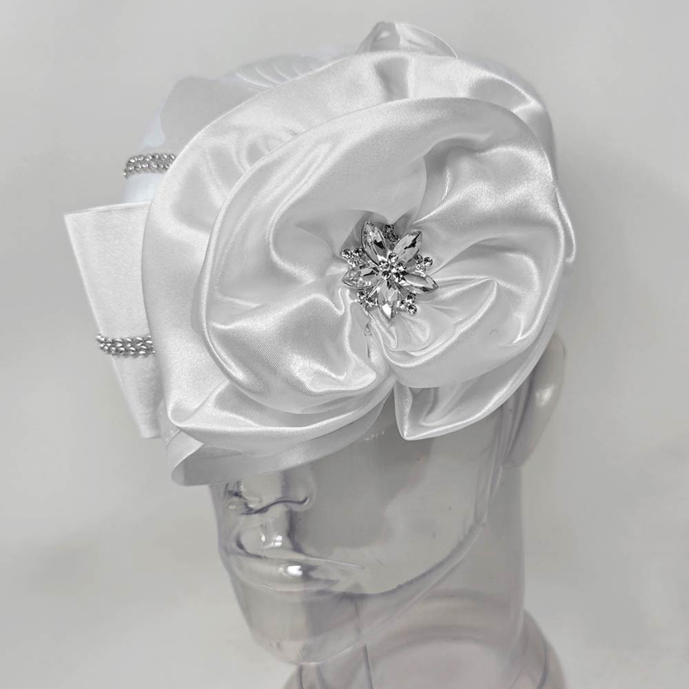 Rhinestone Embellished Elegant Floral Accent Fascinator Dressy Hat White