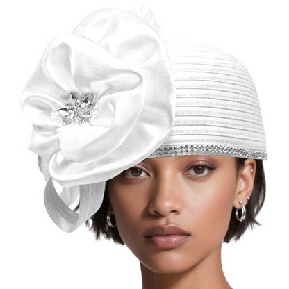 Rhinestone Embellished Elegant Floral Accent Fascinator Dressy Hat White