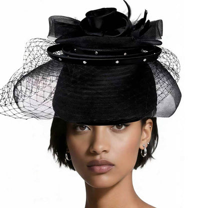 Elegant Floral Feather Accent Rhinestone Embellished Mesh Veil Fascinator Dressy Hat Black