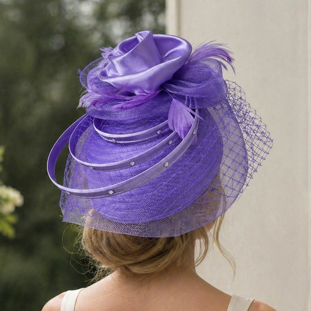 Elegant Floral Feather Accent Rhinestone Embellished Mesh Veil Fascinator Dressy Hat Lavender