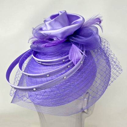 Elegant Floral Feather Accent Rhinestone Embellished Mesh Veil Fascinator Dressy Hat Lavender